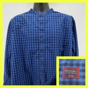 UNTUCKit Terhune Shirt Mens 3XL XXXL Blue Gingham Band Collar Long Sleeve Cotton